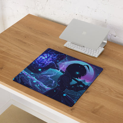 Neon vaporwave large mouse pad in navy blue and purple featuring a futuristic anime character with glowing cyan accents