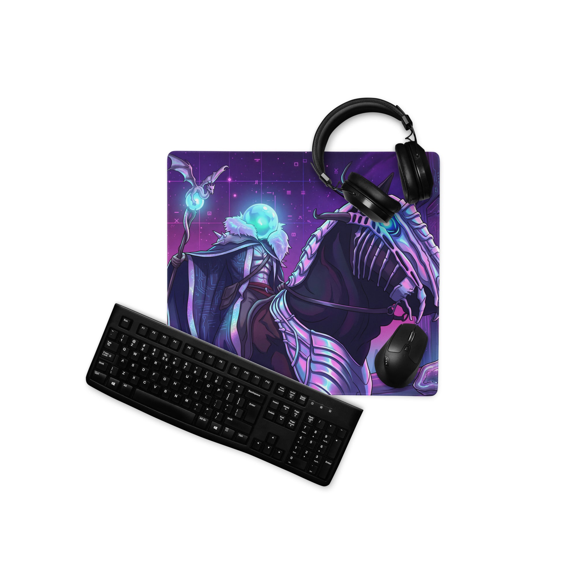 Purple neon vaporwave gaming mouse pad featuring a fantasy character on a skeletal horse with glowing blue accents