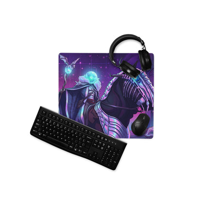 Purple neon vaporwave gaming mouse pad featuring a fantasy character on a skeletal horse with glowing blue accents