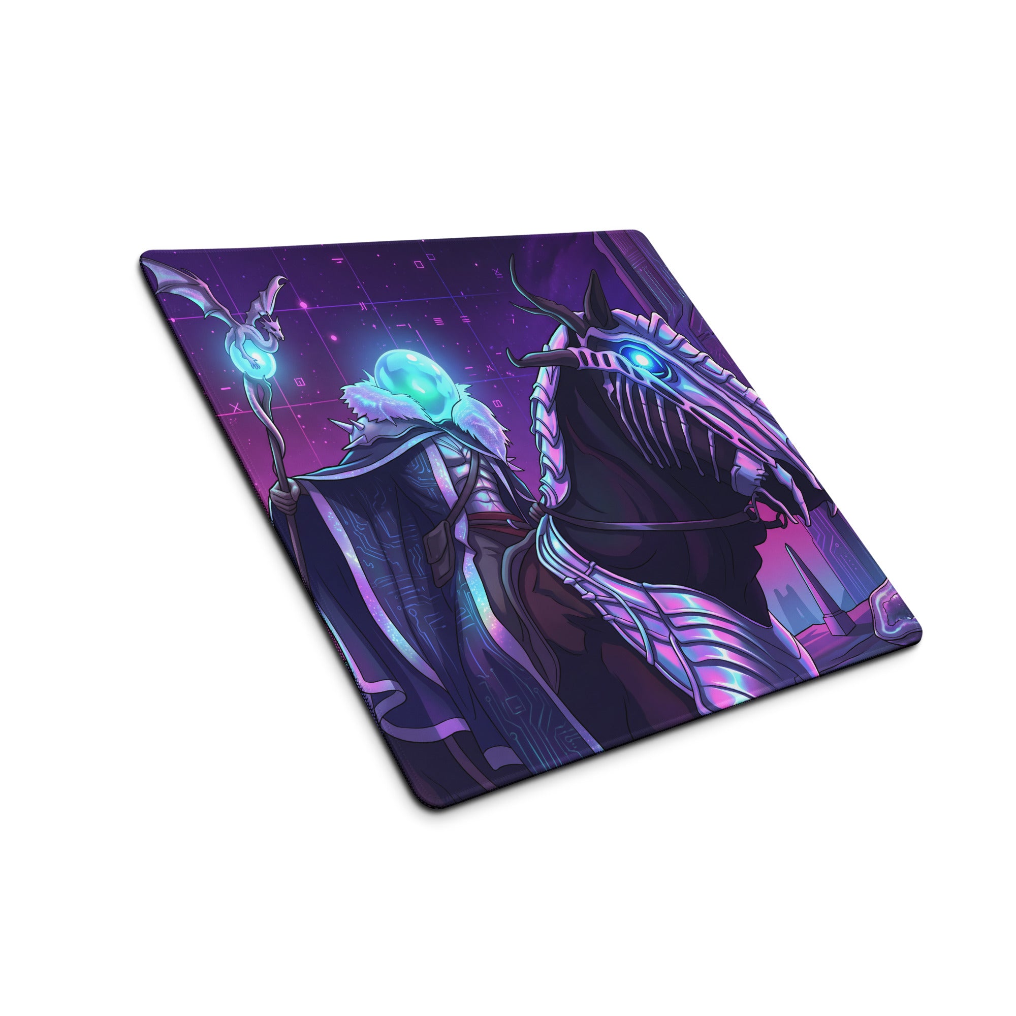 Purple and blue fantasy neon vaporwave mouse pad featuring a wizard with glowing cyan orb and skeletal dragon design