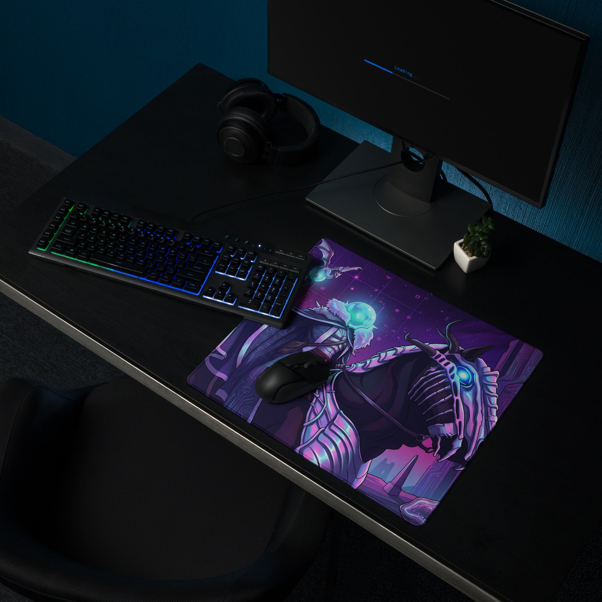 Purple and black gaming mousepad with neon vaporwave dragon design and glowing blue accents for desktop use