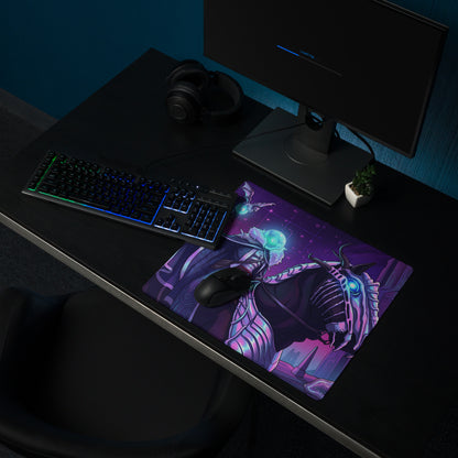 Purple and black gaming mousepad with neon vaporwave dragon design and glowing blue accents for desktop use