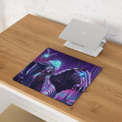 Purple and pink neon vaporwave gaming mouse pad with a skeletal dragon illustration and glowing blue eyes digital art