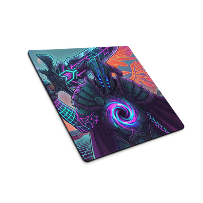 Neon dragon vaporwave mouse pad featuring neon-hued fantasy warrior design with glowing purple and blue accents on dark armor