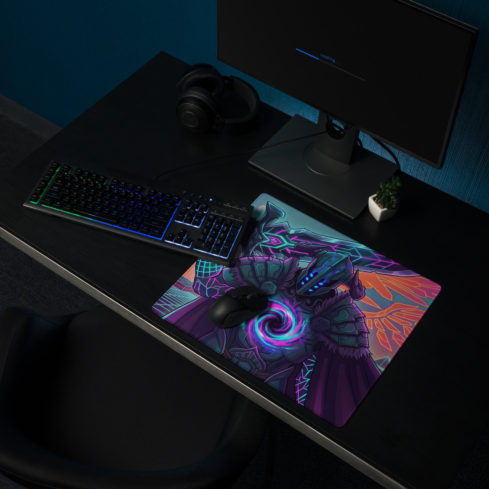 Neon dragon vaporwave gaming mouse pad with vibrant pink purple colors featuring a futuristic armored figure design