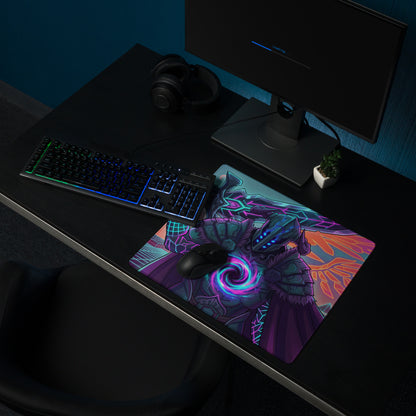 Neon dragon vaporwave gaming mouse pad with vibrant pink purple colors featuring a futuristic armored figure design