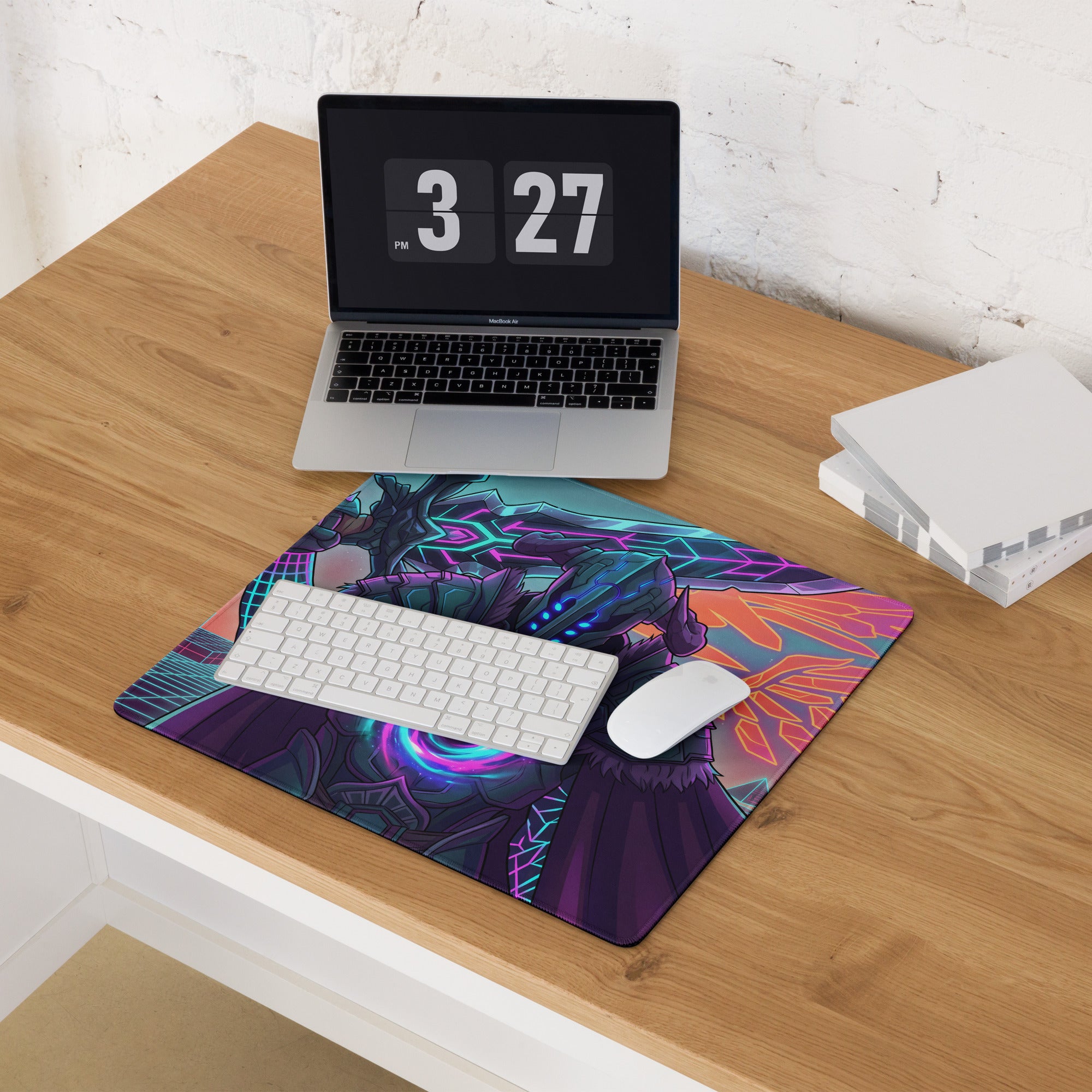 Vibrant neon dragon vaporwave mouse pad with glowing purple blue and orange fantasy character design for gaming