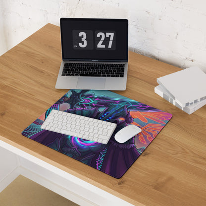 Vibrant neon dragon vaporwave mouse pad with glowing purple blue and orange fantasy character design for gaming
