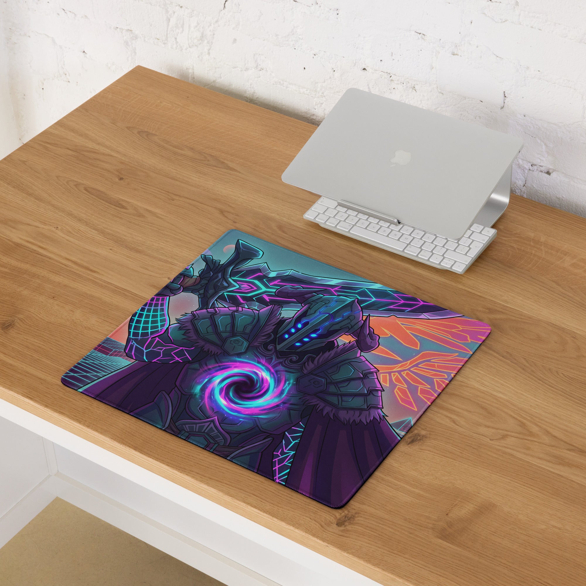 Vibrant neon dragon vaporwave mouse pad with glowing blue and purple fantasy warrior design for gaming use