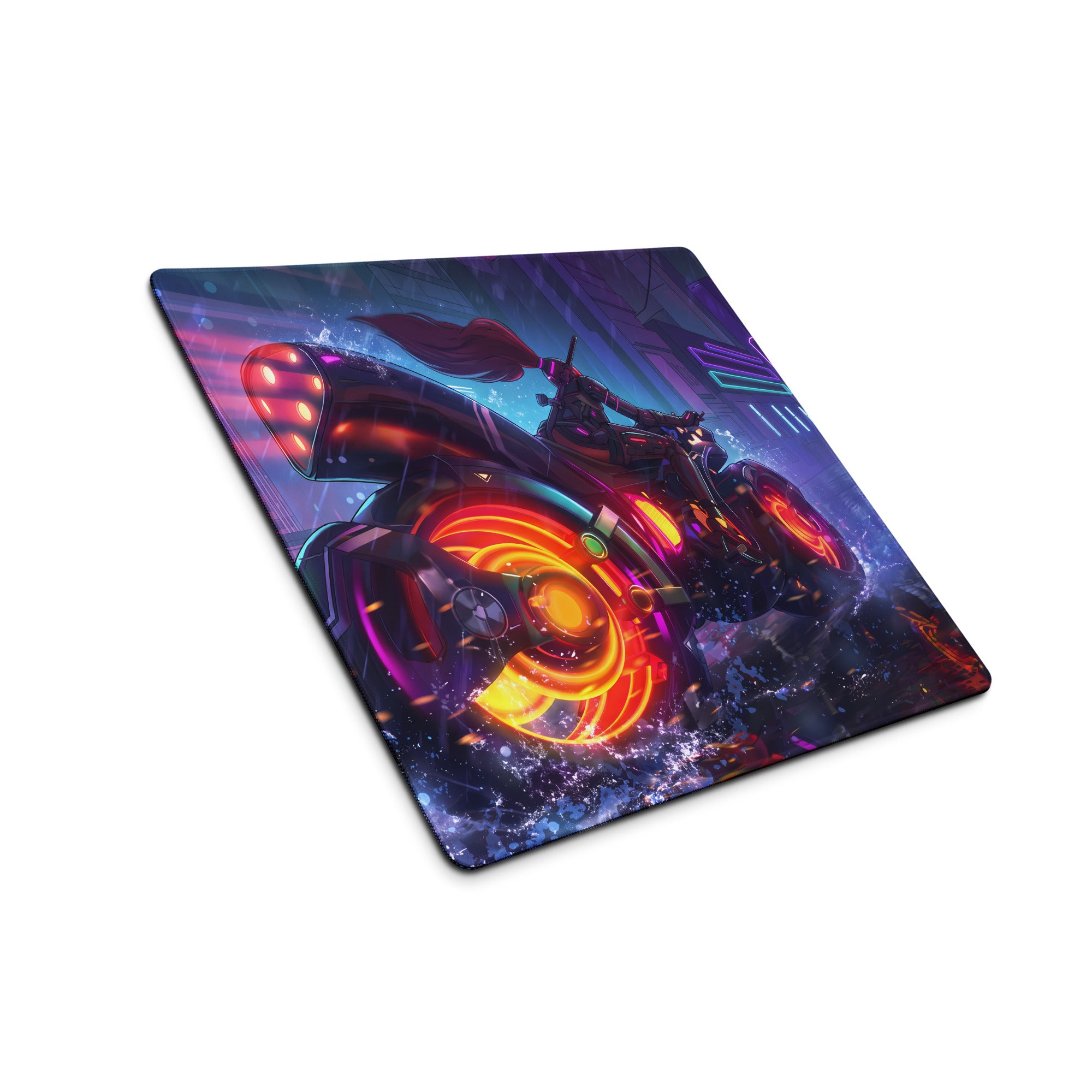 Neon vaporwave gaming mouse pad with vibrant neon pink purple blue futuristic motorcycle graphic on rectangular surface