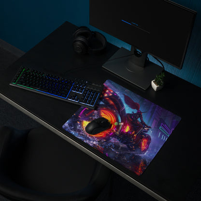 Neon vaporwave gaming mouse pad with vibrant sci-fi motorcycle design and glowing orange purple neon accents for desk setup