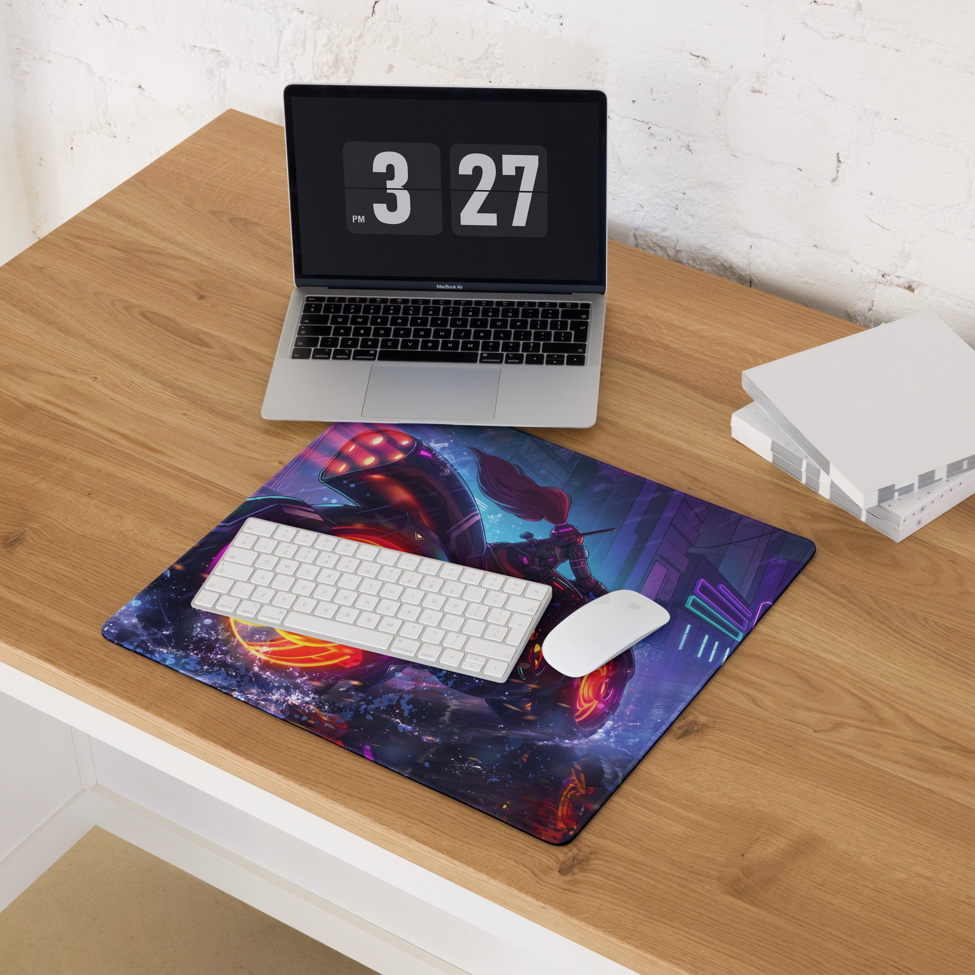 Neon vaporwave gaming mouse pad with vibrant sci-fi character design and glowing red orange accents on dark purple background