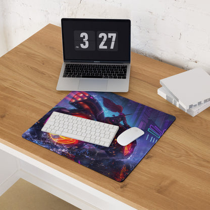 Neon vaporwave gaming mouse pad with vibrant sci-fi character design and glowing red orange accents on dark purple background