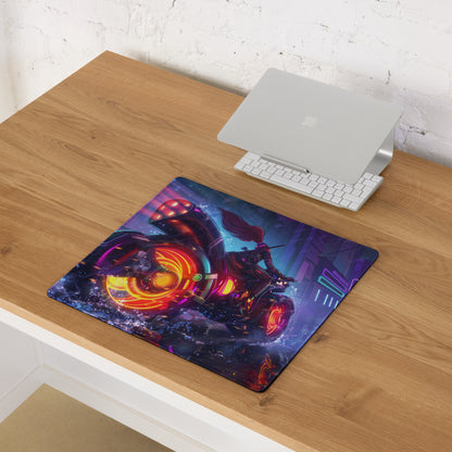 Neon vaporwave gaming mouse pad with vibrant neon pink purple and blue smooth surface featuring a futuristic motorcycle design