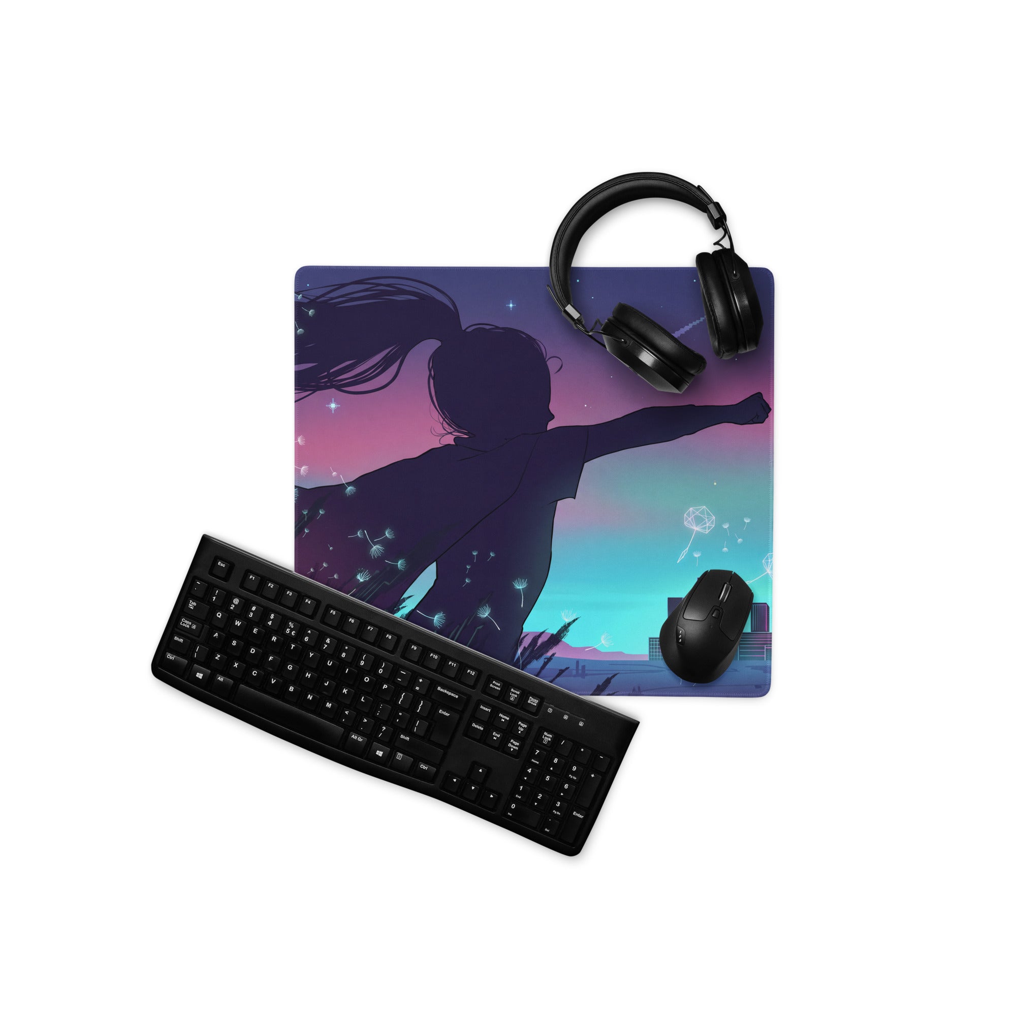 Vaporwave nightfall rectangular gaming mousepad with purple pink teal gradient and girl silhouette on starry sky background