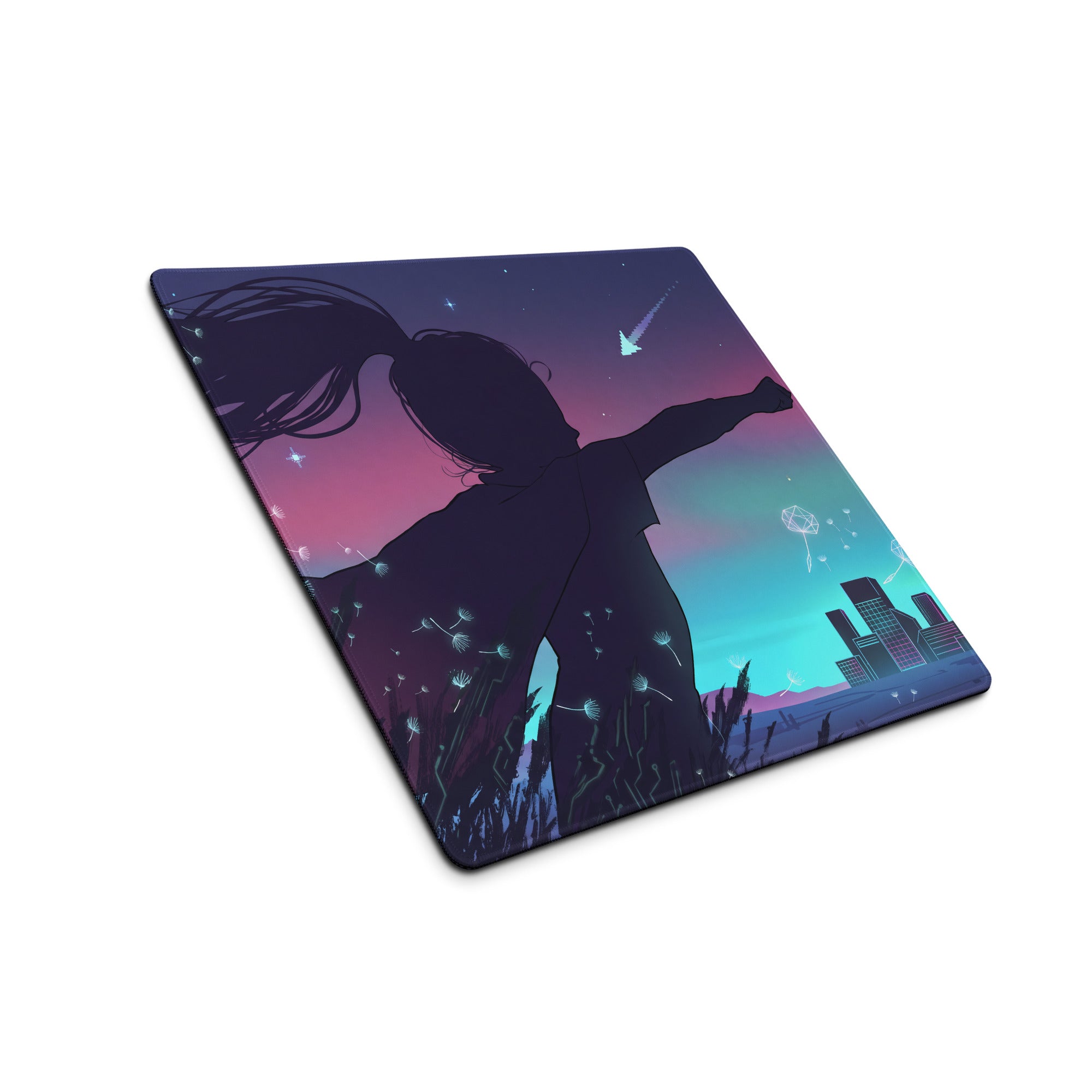 A square glossy vaporwave nightfall mouse pad with a purple pink gradient and a silhouette under a starry twilight sky