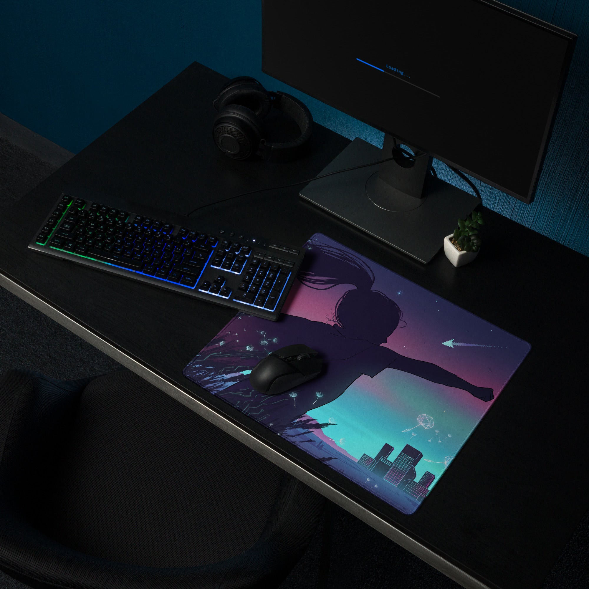 Vibrant vaporwave nightfall gaming mousepad with purple pink gradient featuring a girl silhouette and cityscape design
