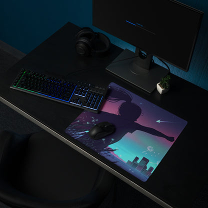 Vibrant vaporwave nightfall gaming mousepad with purple pink gradient featuring a girl silhouette and cityscape design
