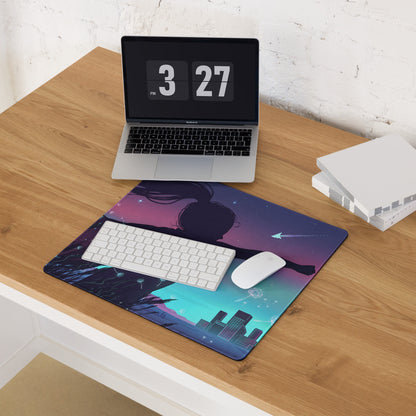 A vibrant rectangular vaporwave nightfall mouse pad with a cosmic cityscape in purple and teal gradients
