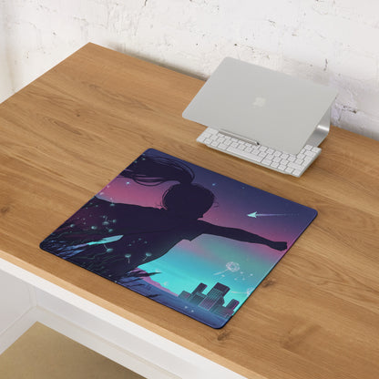 Rectangular vaporwave nightfall mouse pad with vibrant purple pink gradient cityscape and dandelion seeds illustration