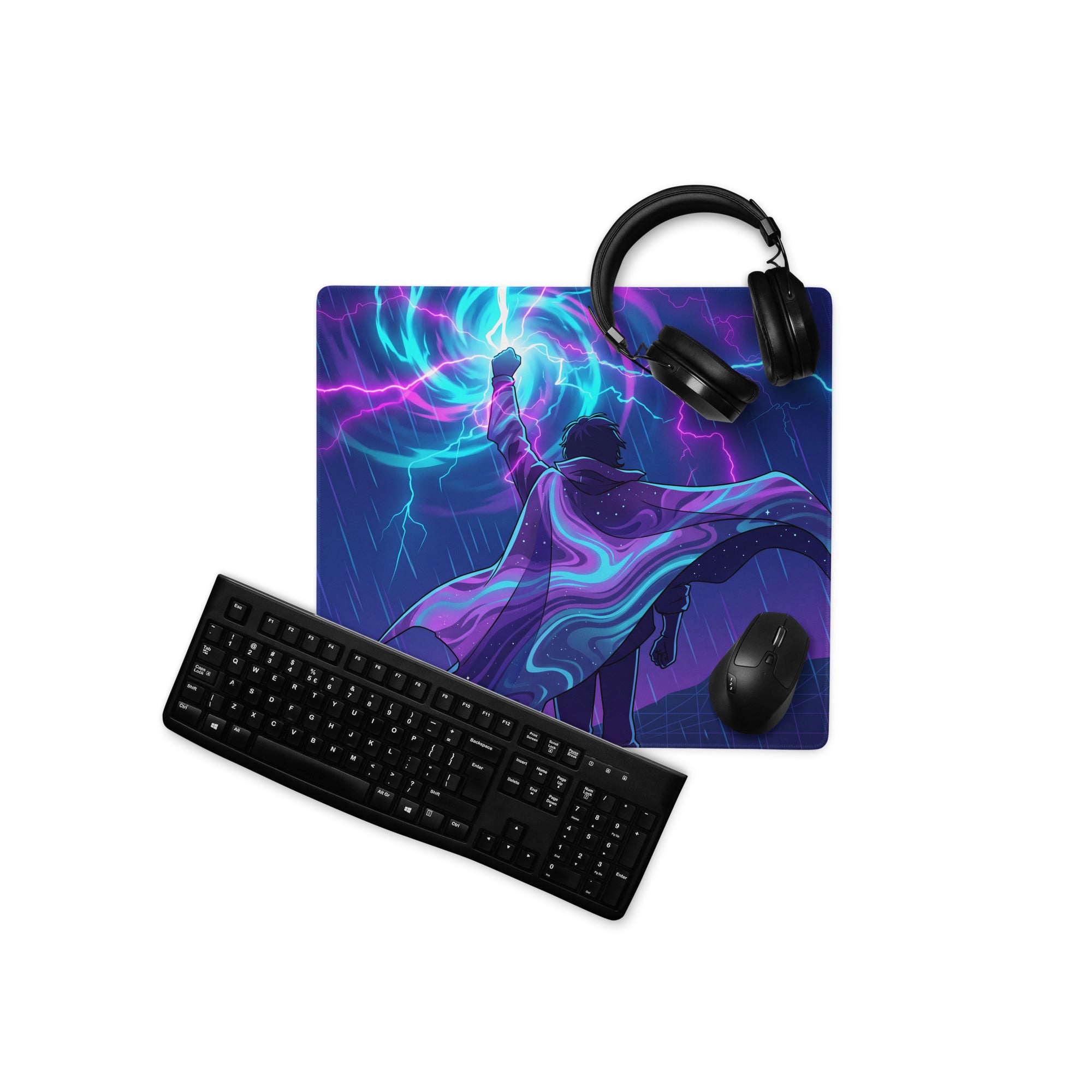 Vibrant purple and blue vaporwave neon desk mat featuring a superhero with lightning effects for gaming use