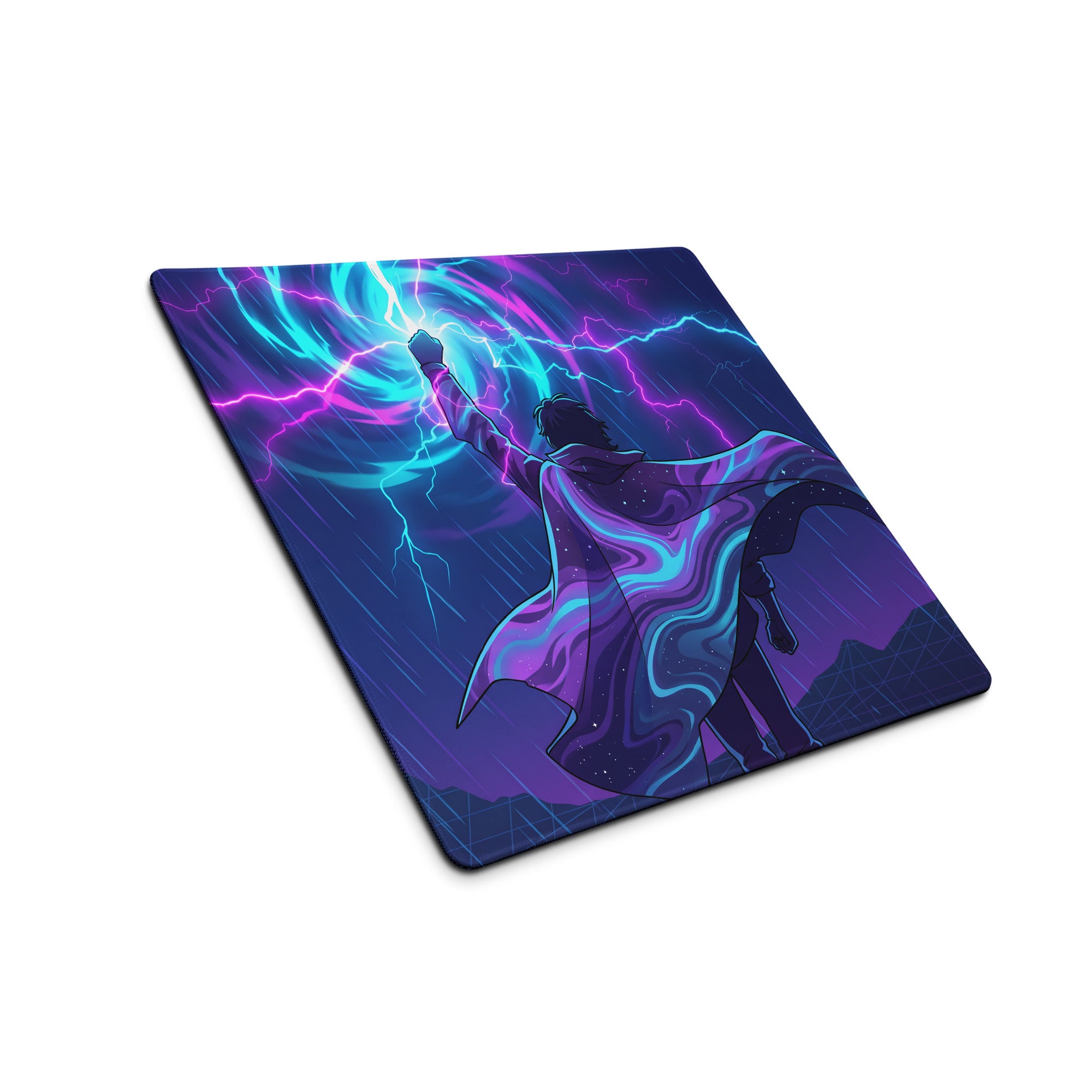 Vaporwave neon desk mat with vibrant purple and blue lightning design featuring a stylized superhero figure