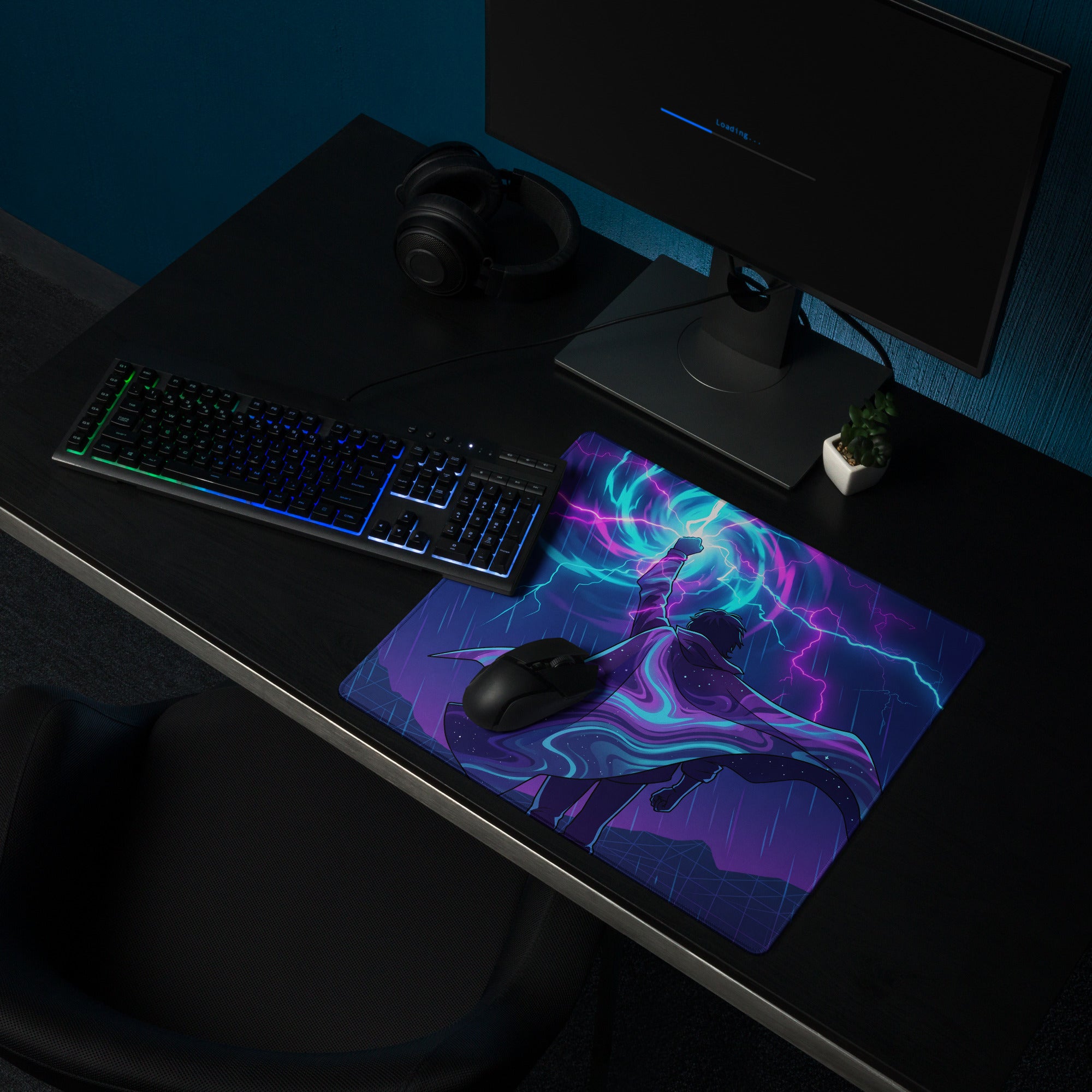 Vaporwave neon desk mat featuring a vibrant neon purple and blue cosmic anime character design for gaming use