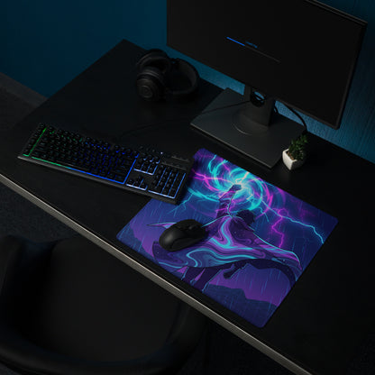 Vaporwave neon desk mat featuring a vibrant neon purple and blue cosmic anime character design for gaming use