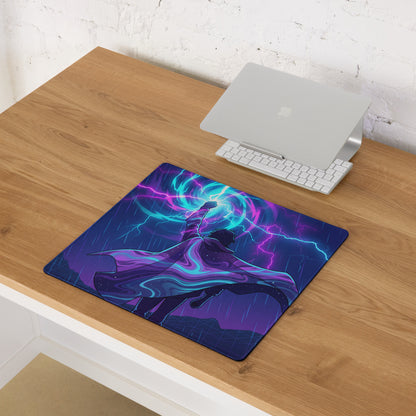 Vaporwave neon desk mat featuring a vibrant purple and teal anime character with dynamic lightning effects digital art