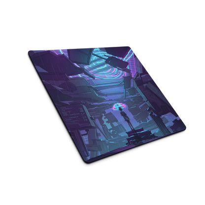 Neon purple and cyan cyberpunk rectangular gaming mouse pad with lone figure under umbrella and floating debris design