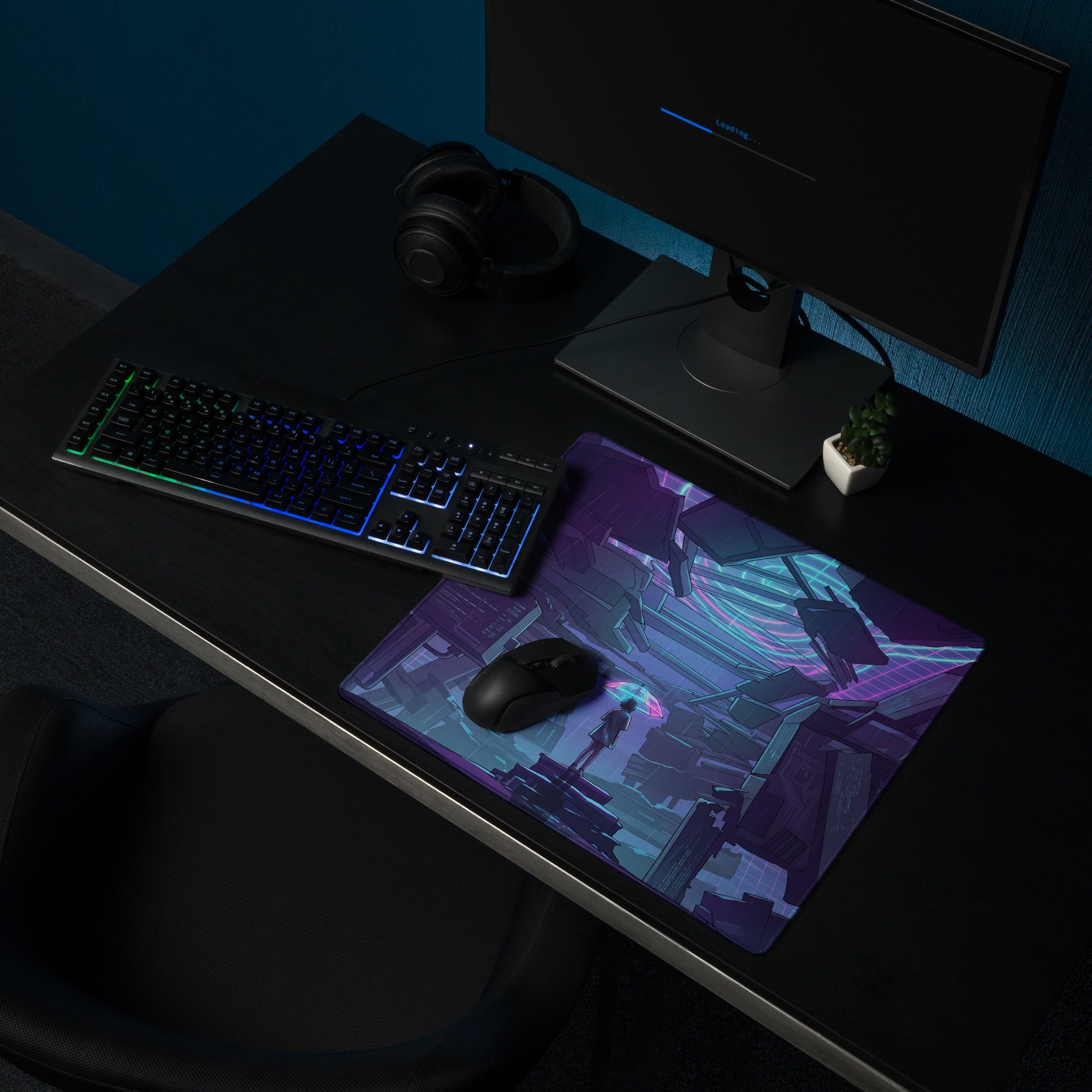 Neon vaporwave gaming mouse pad with purple and blue neon-lit cyberpunk cityscape design for retro futurism desks