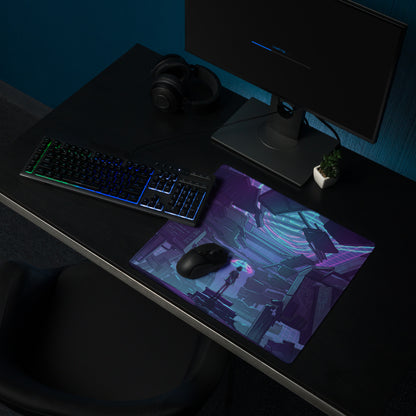 Neon vaporwave gaming mouse pad with purple and blue neon-lit cyberpunk cityscape design for retro futurism desks