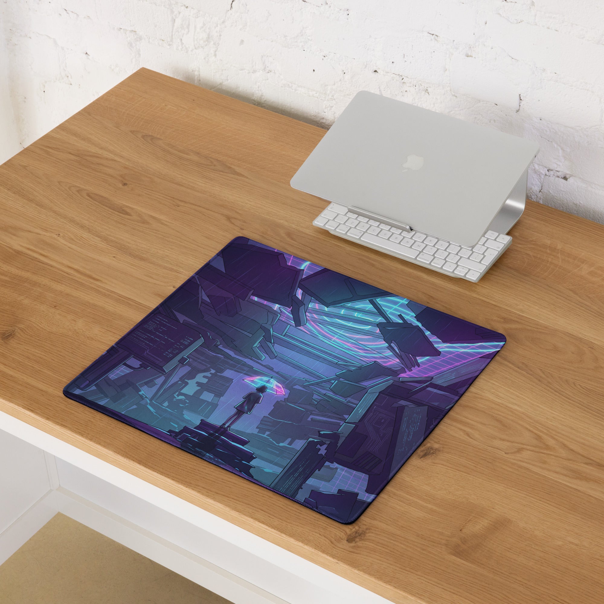 A rectangular gaming mousepad with vibrant neon cyberpunk cityscape in purple blue and pink hues for desk use