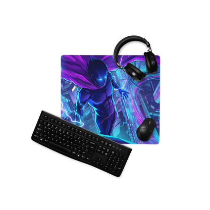 Neon vaporwave city hero mouse pad featuring vibrant purple and blue neon colors with a superhero design for gaming desk use