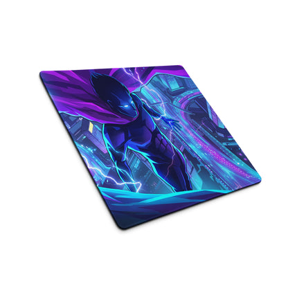 Neon vaporwave city hero mouse pad featuring vibrant purple and blue neon colors with dynamic superhero lightning design