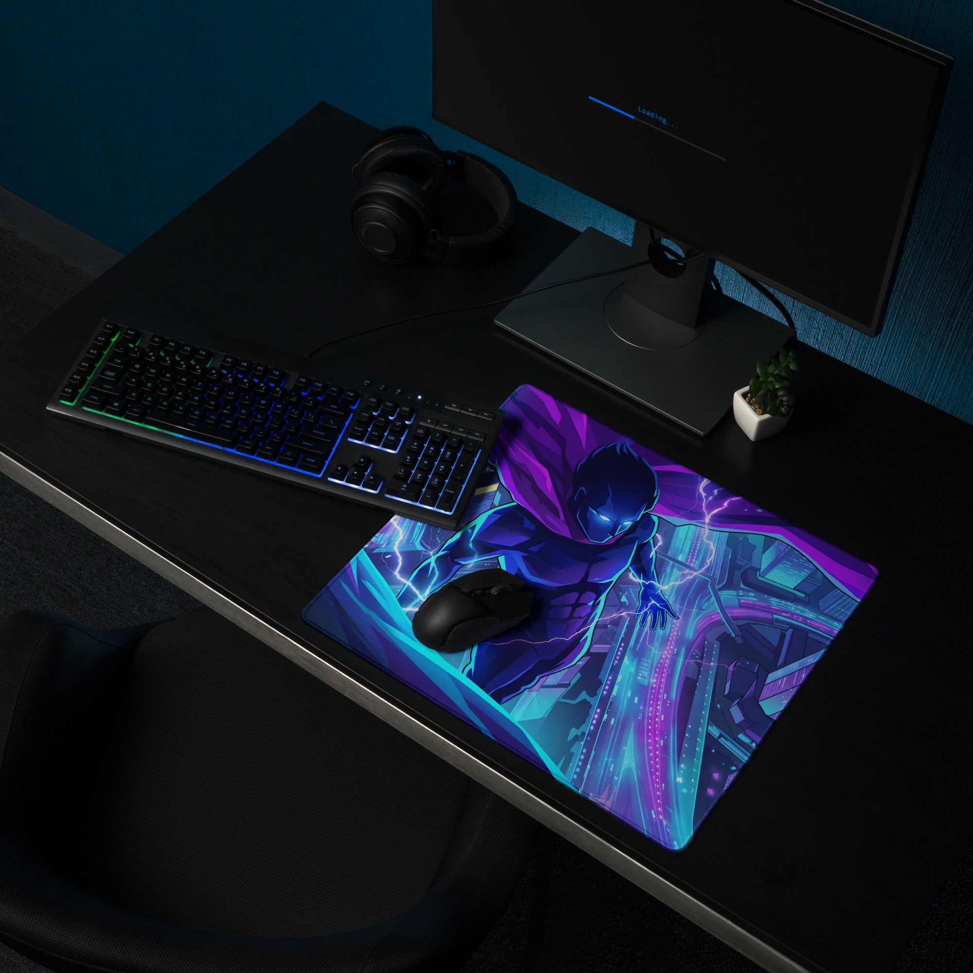 Neon vaporwave city hero mouse pad with vibrant purple and blue neon design featuring a dynamic superhero character