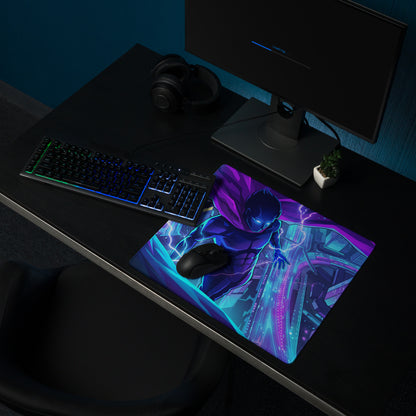Neon vaporwave city hero mouse pad with vibrant purple and blue neon design featuring a dynamic superhero character