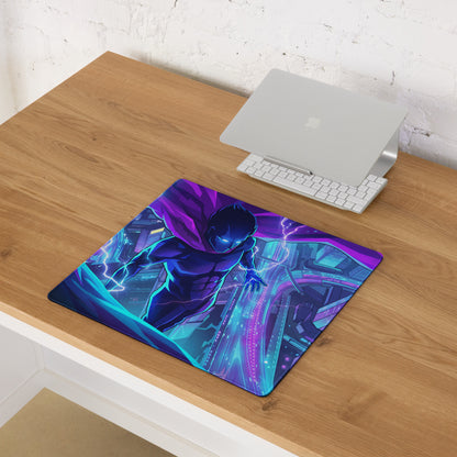 Neon vaporwave city hero gaming mouse pad with vibrant purple teal neon colors and dynamic superhero design
