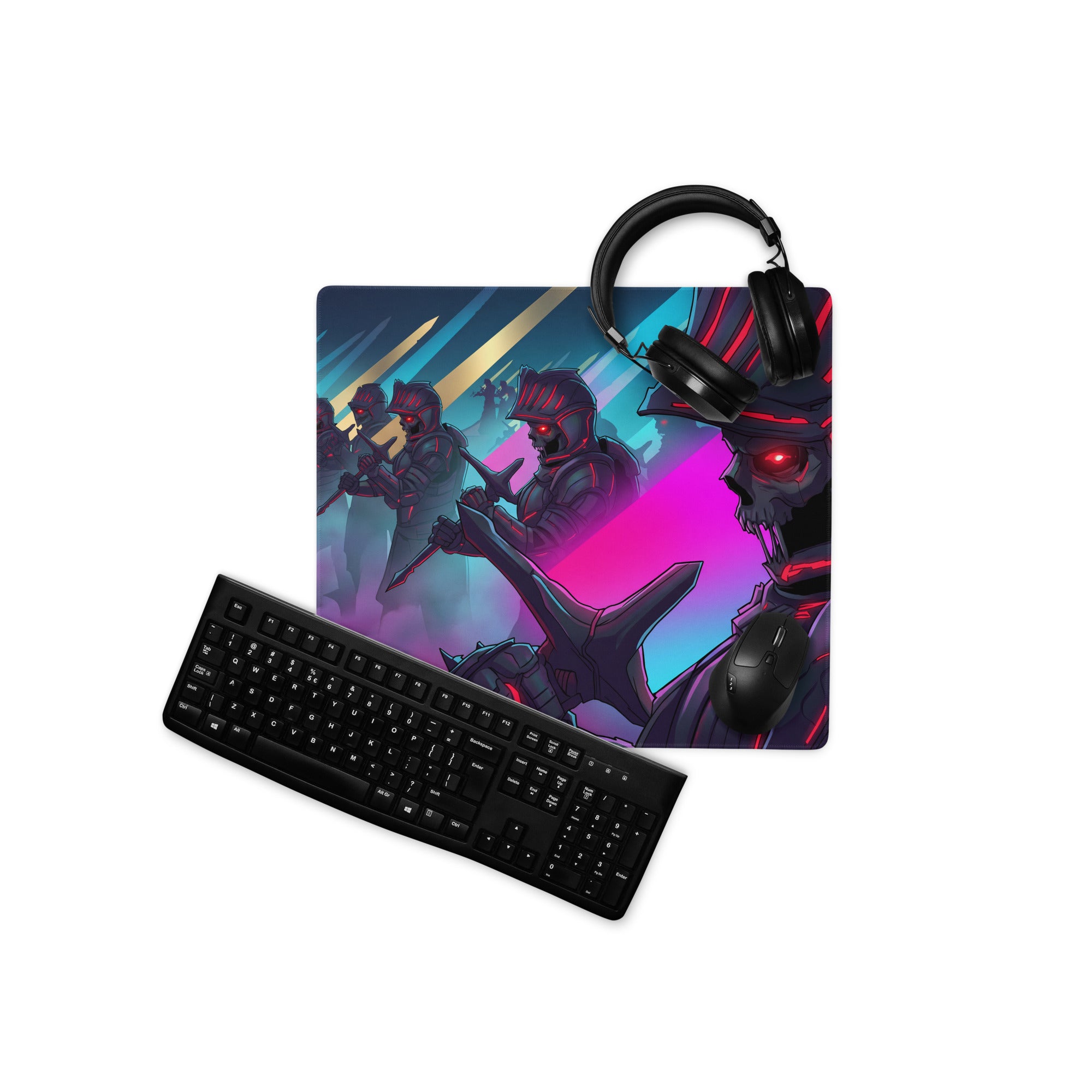 Black gaming mousepad with neon pink and blue armored skeletal warriors and glowing red eyes cyberpunk design
