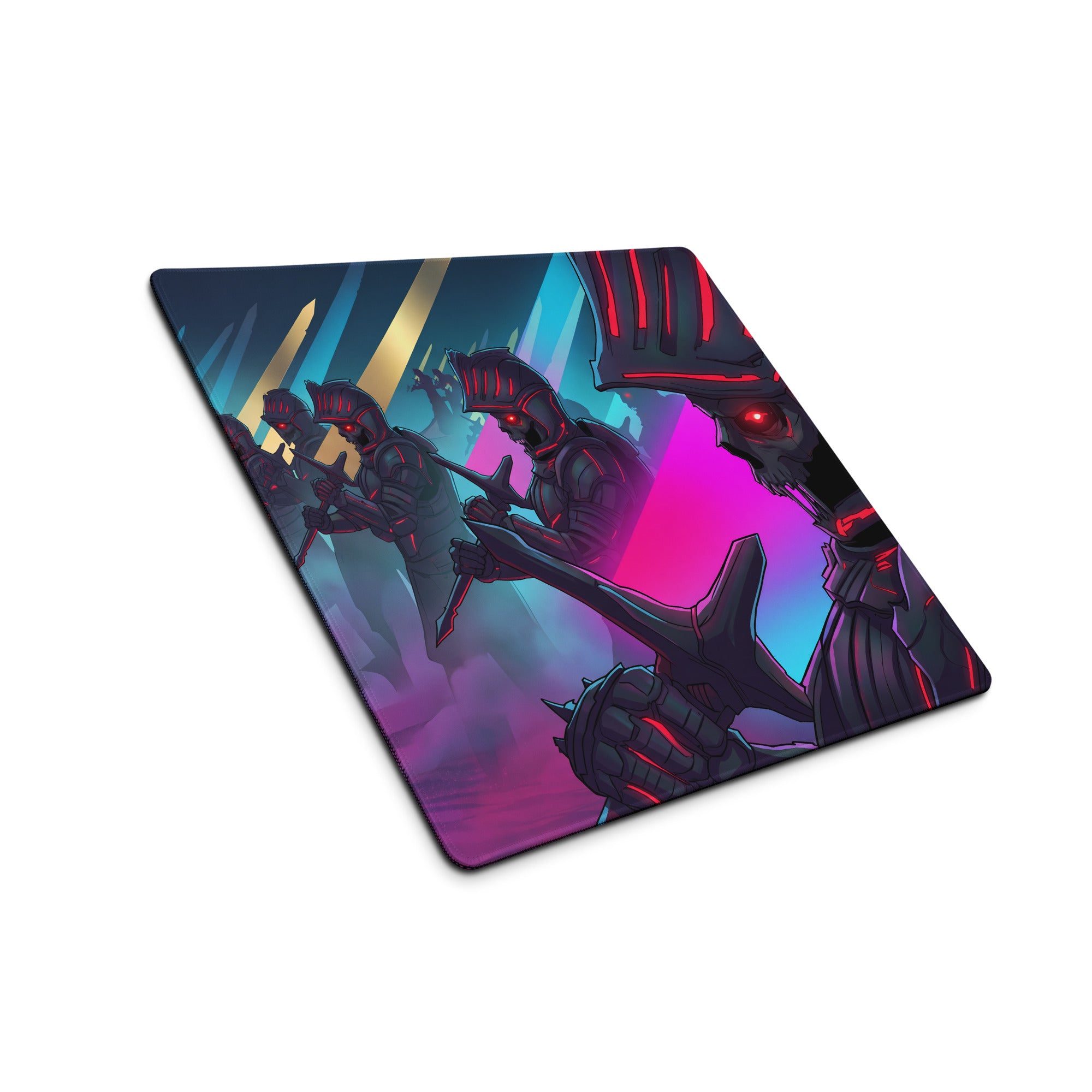 A rectangular neon vaporwave combat gaming mousepad with vibrant pink purple blue armored warriors and glowing red eyes