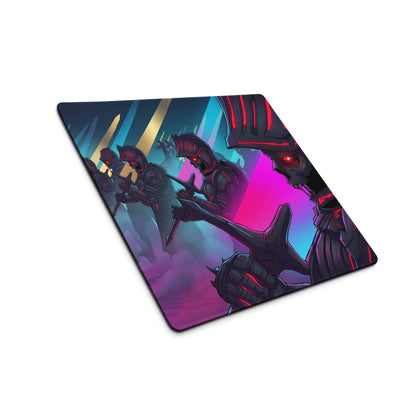 A rectangular neon vaporwave combat gaming mousepad with vibrant pink purple blue armored warriors and glowing red eyes