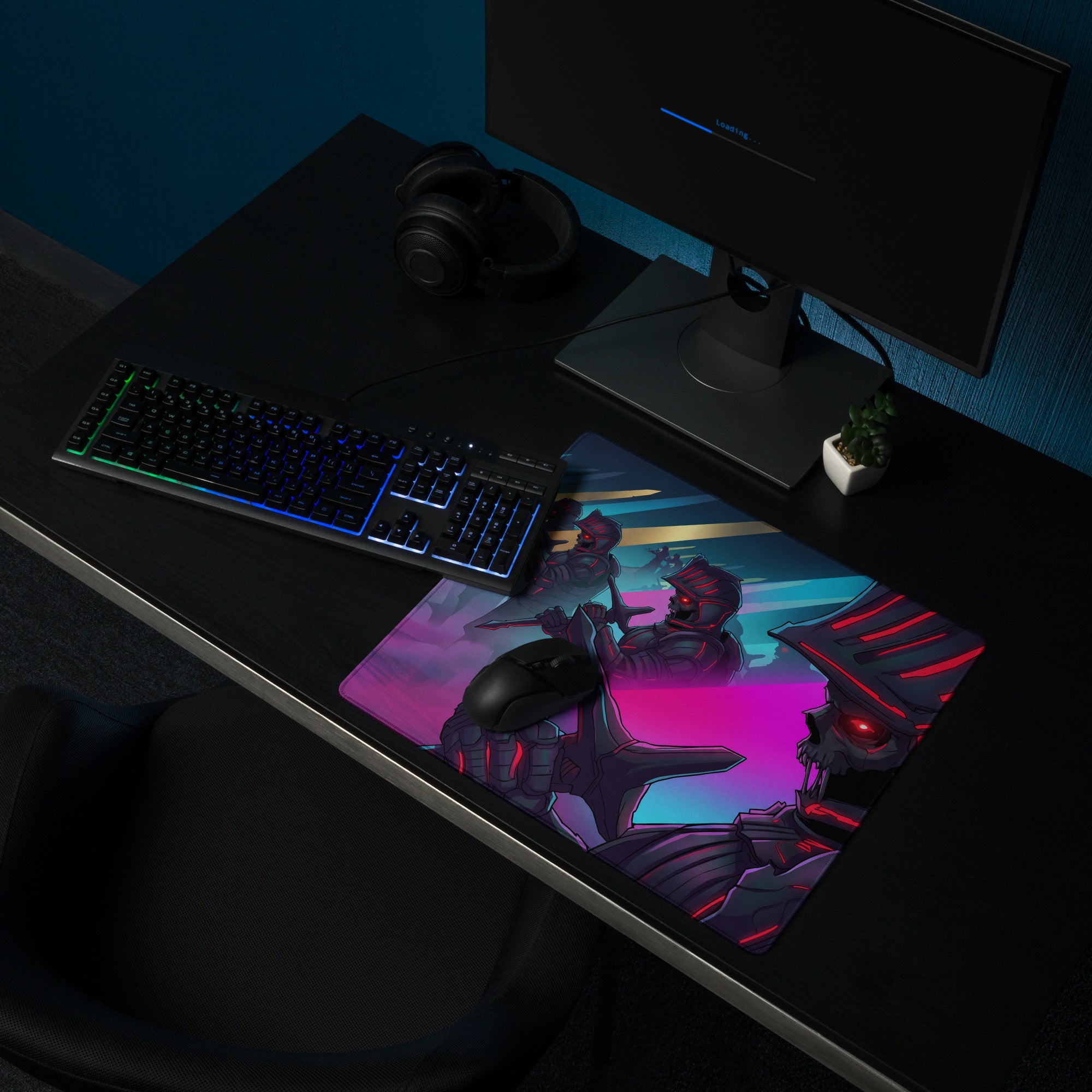 Vibrant neon pink and purple gaming mousepad with detailed armored characters and glowing red eyes in cyberpunk style