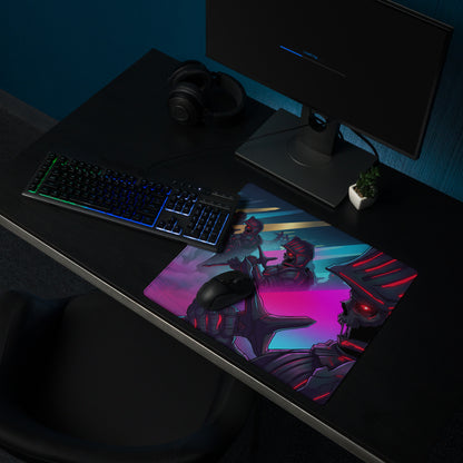 Vibrant neon pink and purple gaming mousepad with detailed armored characters and glowing red eyes in cyberpunk style