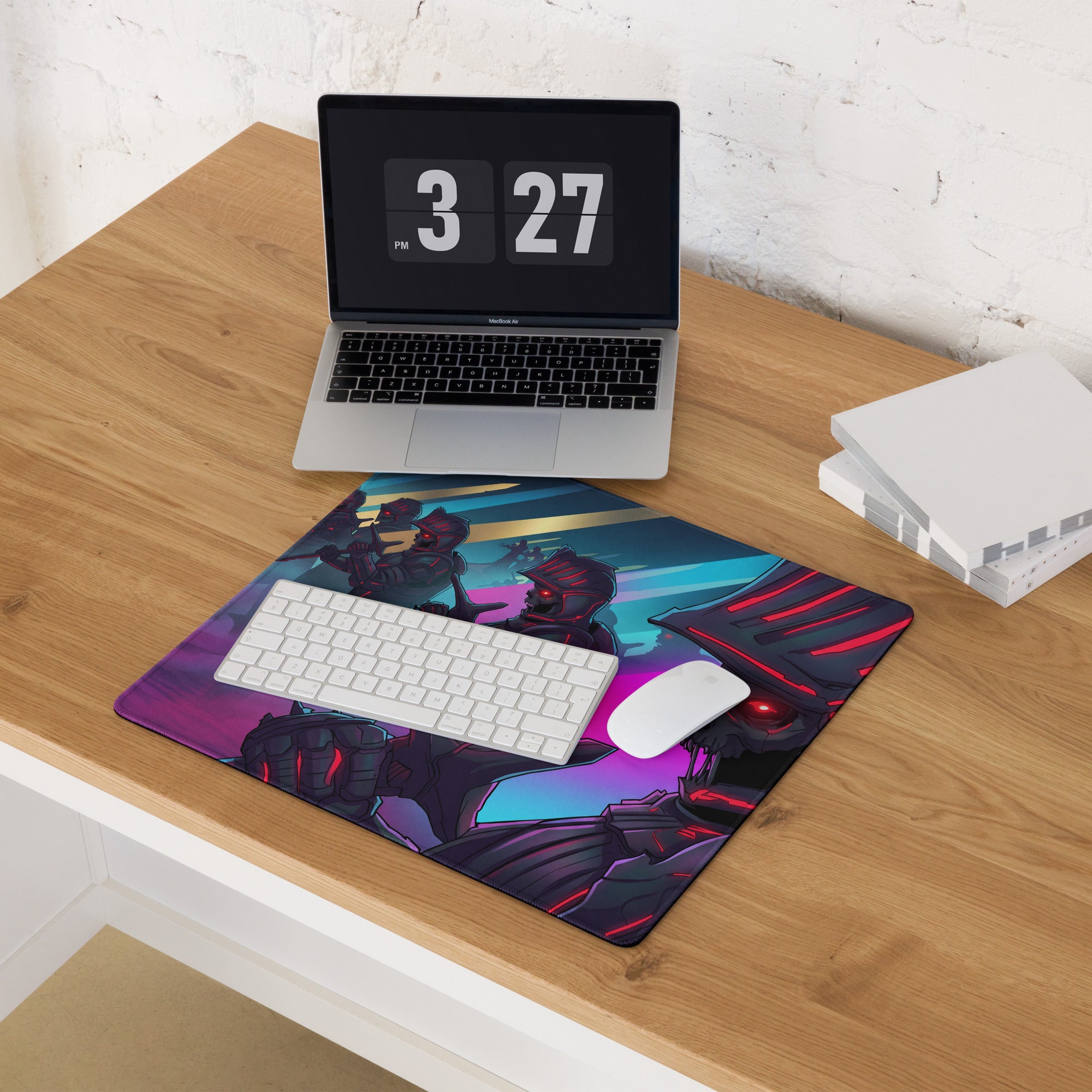 Vibrant neon vaporwave combat gaming mouse pad with stylized purple blue red robotic design for energetic desk decor