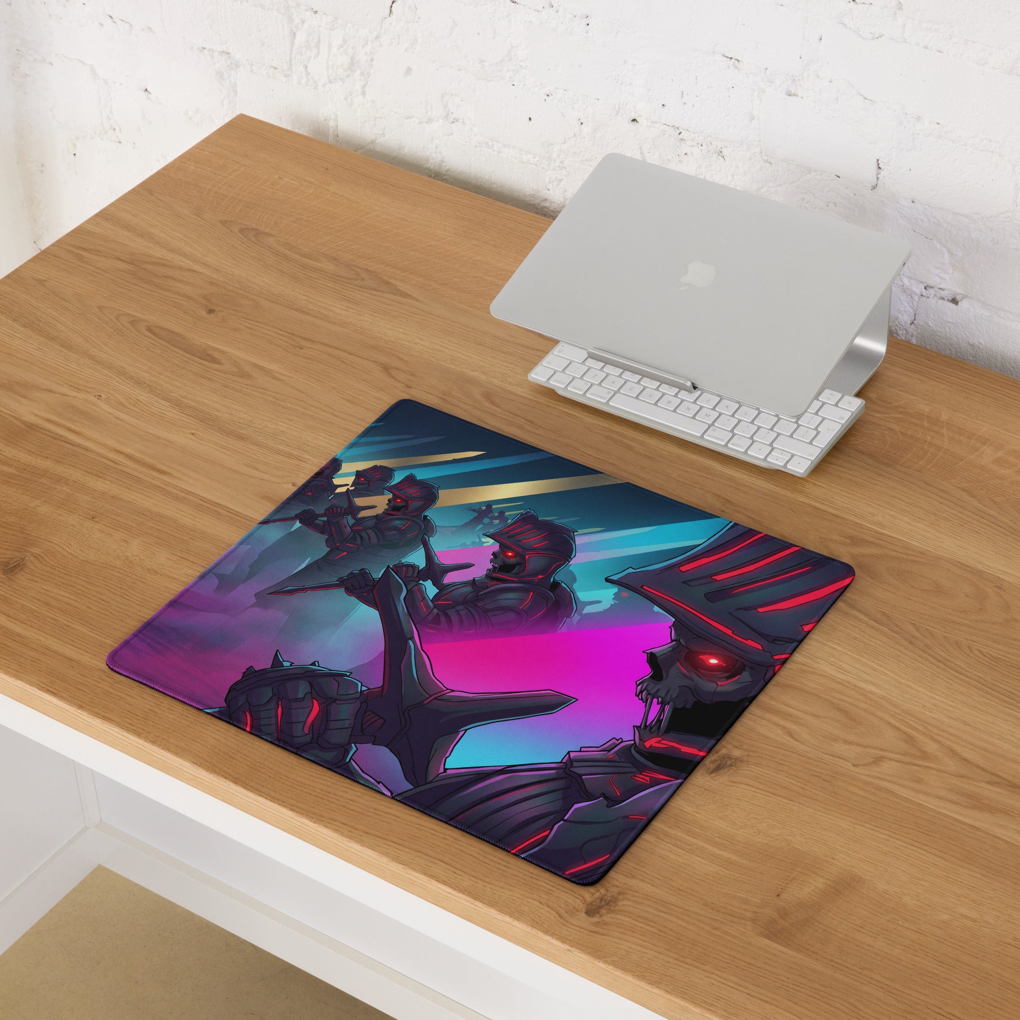 A vibrant neon pink purple blue rectangular gaming mousepad featuring stylized robotic figures with glowing red eyes