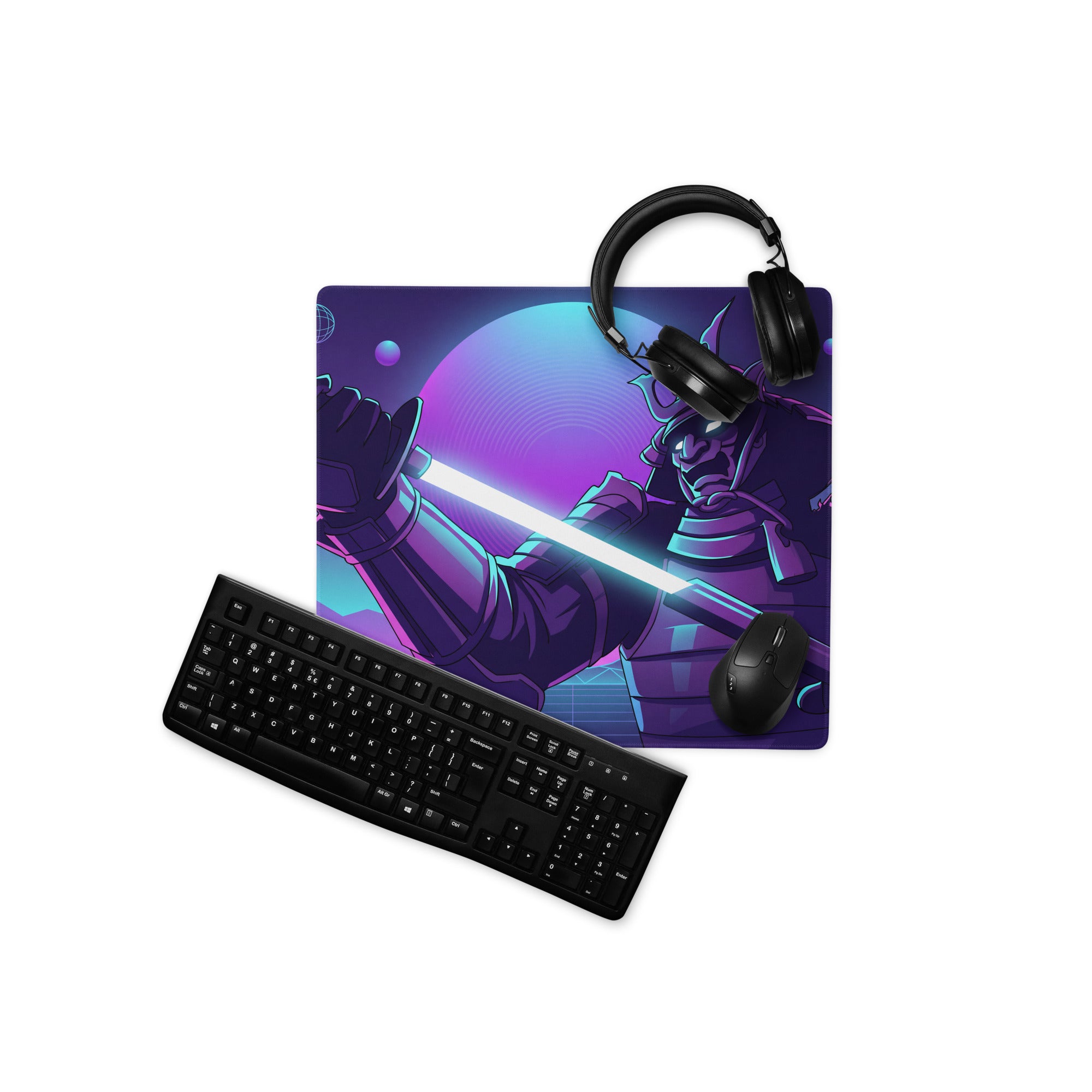 Purple and blue galaxy-themed neon knight vaporwave gaming mouse pad with samurai wielding glowing lightsaber design