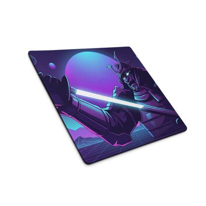 Navy blue and purple neon gaming mouse pad with stylized samurai in futuristic armor wielding lightsaber cosmic design