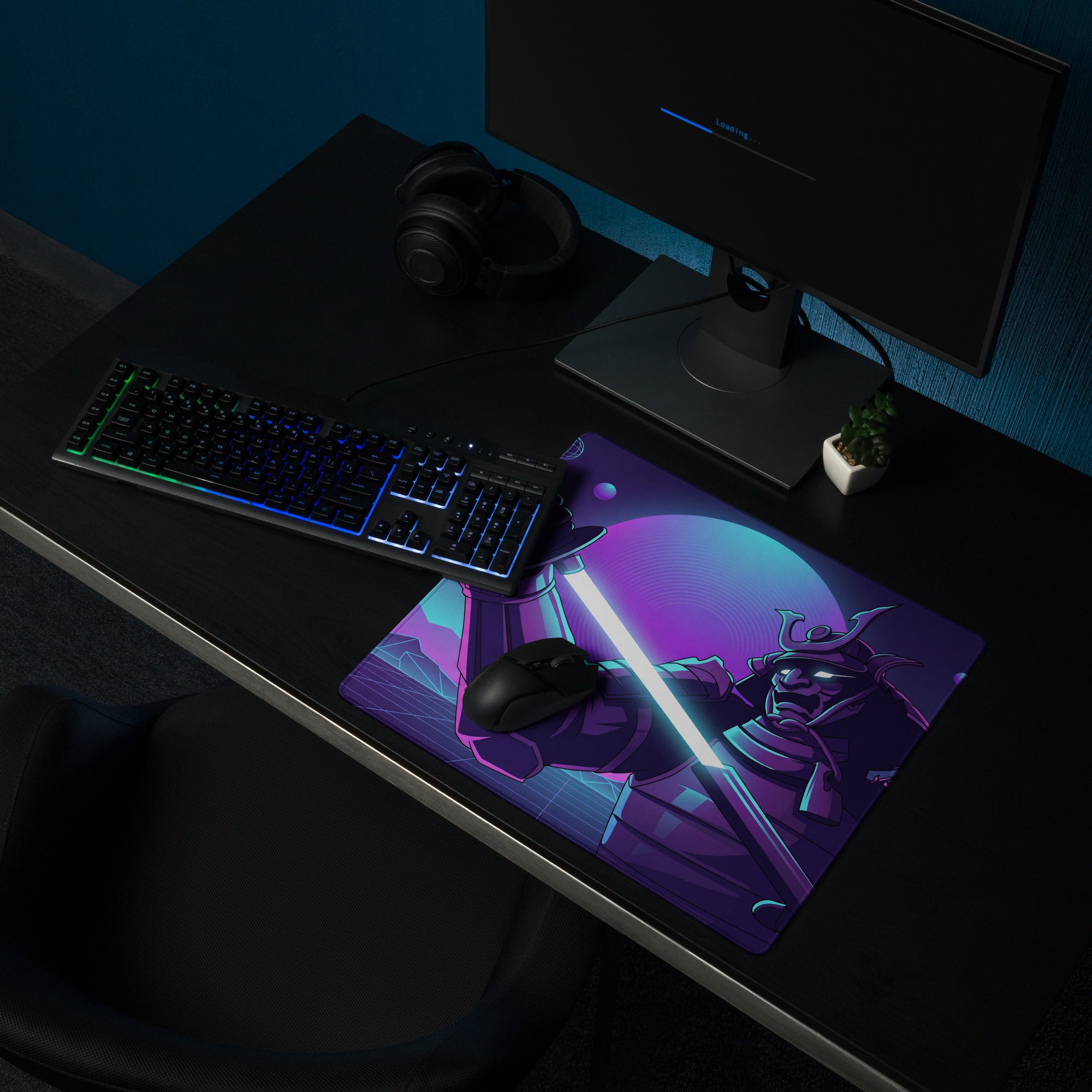 Neon knight vaporwave mouse pad with purple blue gradient and samurai warrior holding glowing lightsaber design