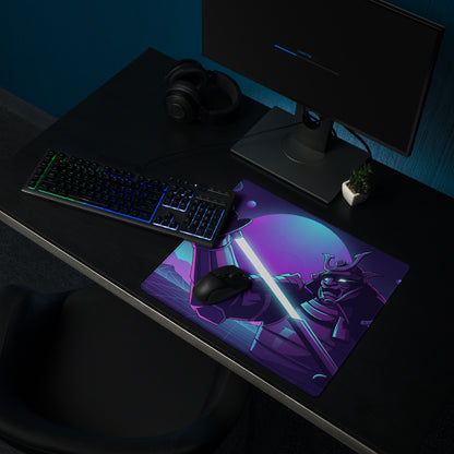 Neon knight vaporwave mouse pad with purple blue gradient and samurai warrior holding glowing lightsaber design