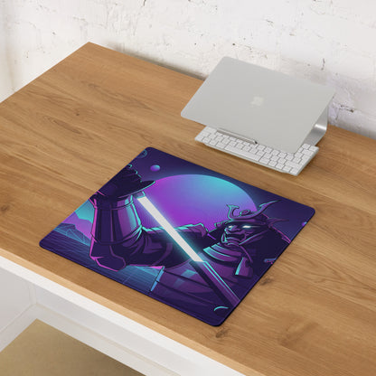 Neon knight vaporwave mouse pad featuring a purple and blue neon-themed samurai warrior with a glowing lightsaber design